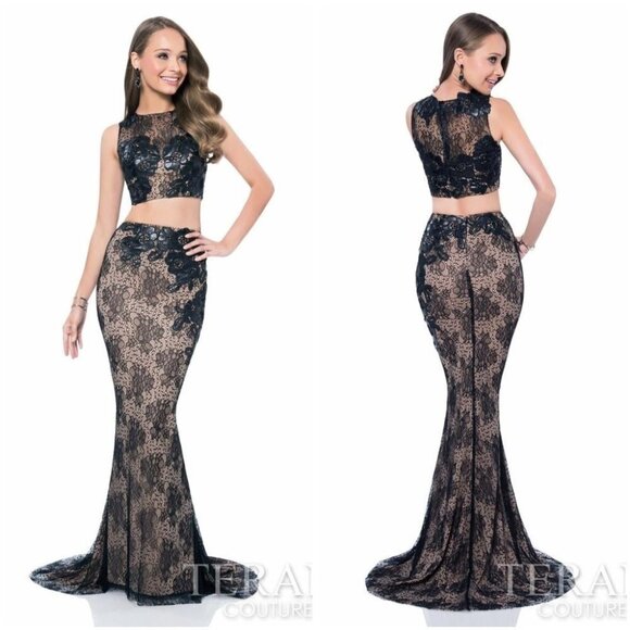 NWT Terani Couture Black Nude Two Piece Gown $448 - Picture 1 of 14